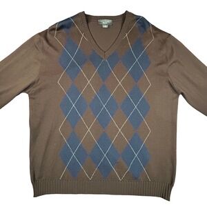 Toscano Argyle Merino Wool Blend V Neck Sweater Men XXL Brown Blue Made in Italy